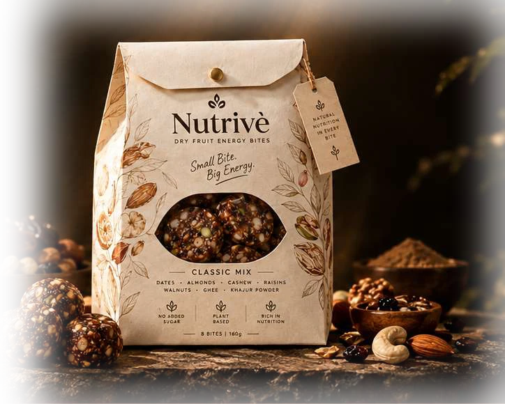 Nutrivé's wholesome blend surrounded by nuts and dried fruit