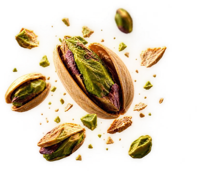 Pistachios suspended in golden light